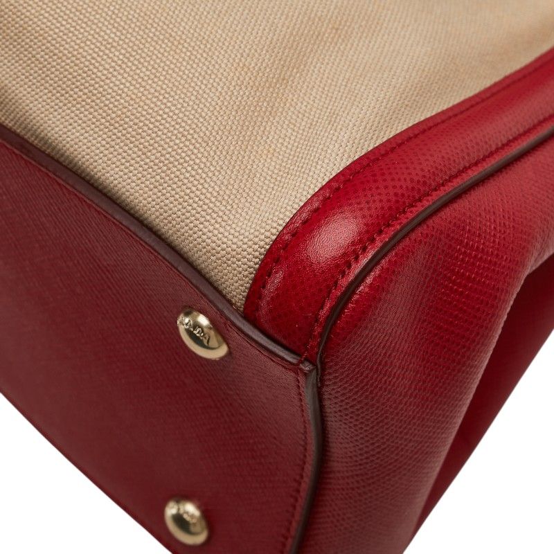 Prada Saffiano Canapa 2-Way Shoulder Bag Beige Red Canvas Leather — view 6