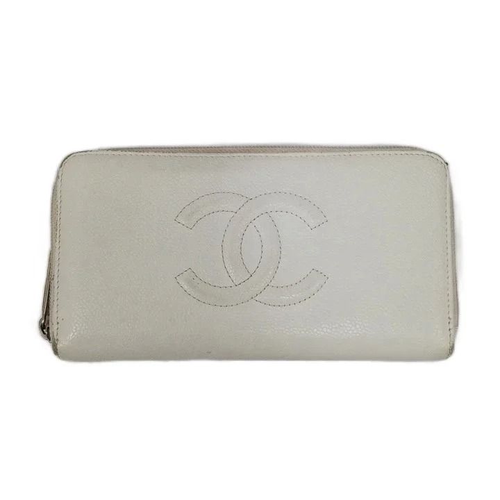Chanel CC Logo Caviar Leather Wallet Zip Around Coin Purse Ivory