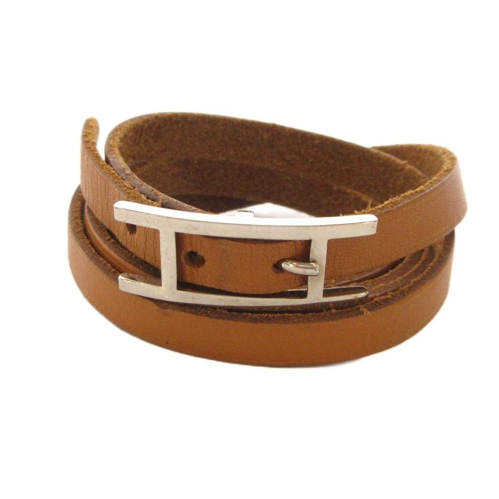 Hermes Hapi 3 Leather Bracelet H Buckle Brown Silver Colored
