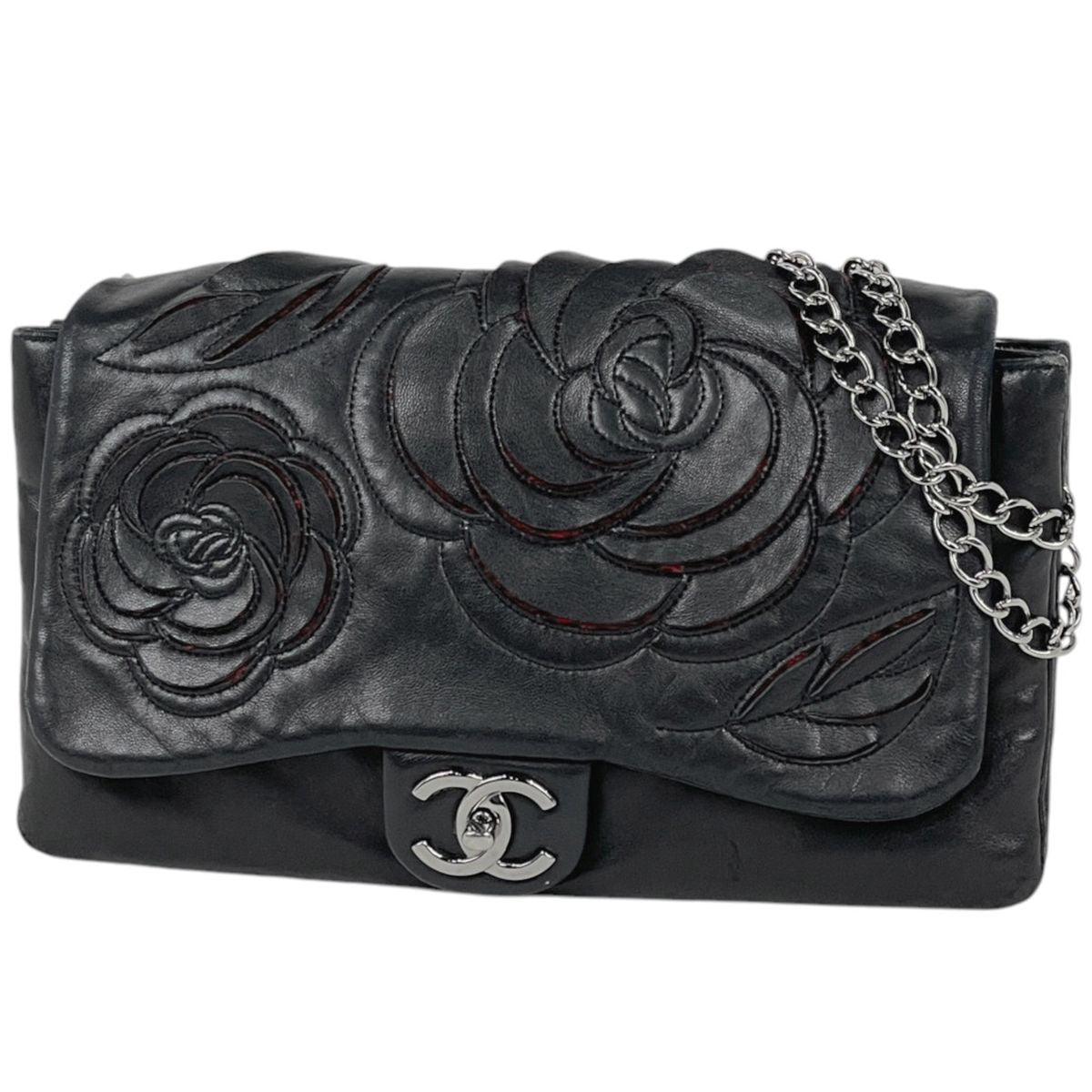 Chanel Shoulder Bag CC Logo Camellia Leather Black