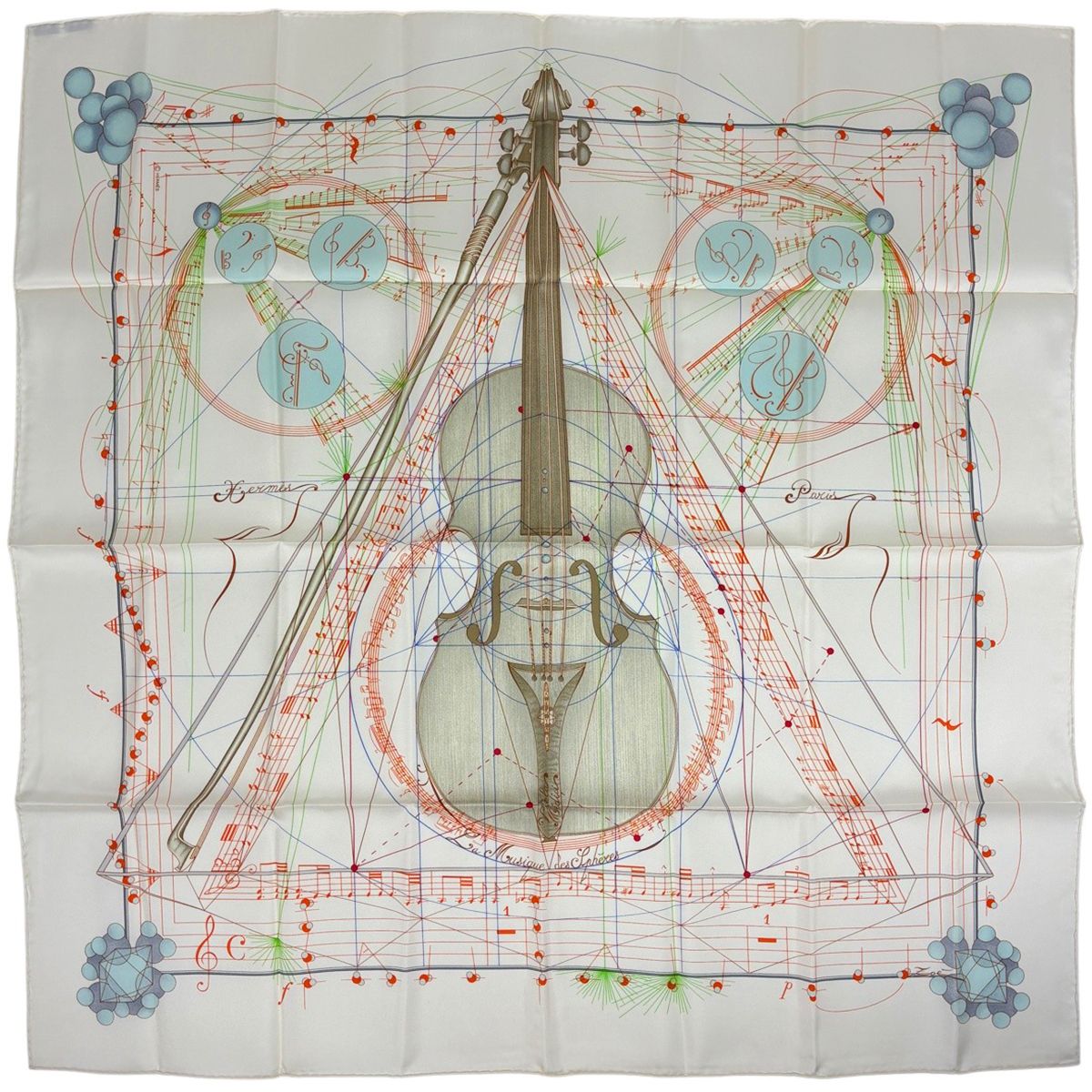 Hermes Carre 90 la Musique Des Spheres Scarf Music Played by Silk White