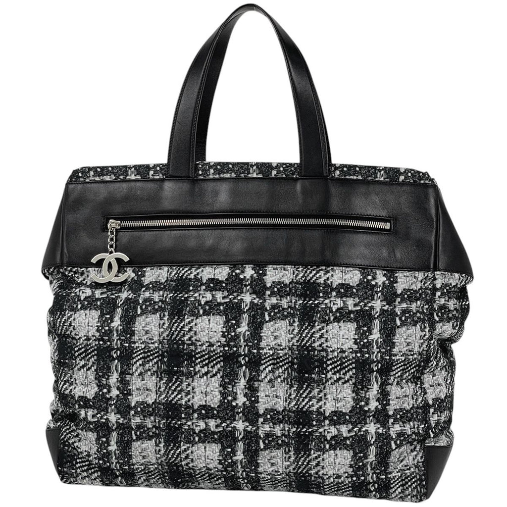 Chanel Tote CC Logo Tweed Print Nylon Black