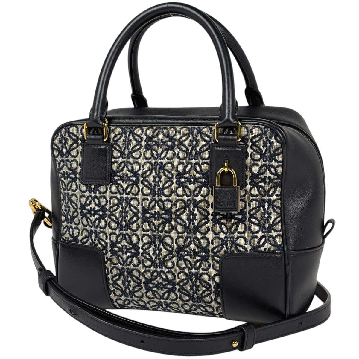 Loewe Handbag Amazona 19 Square Bag 2-Way Anagram Leather Black Navy