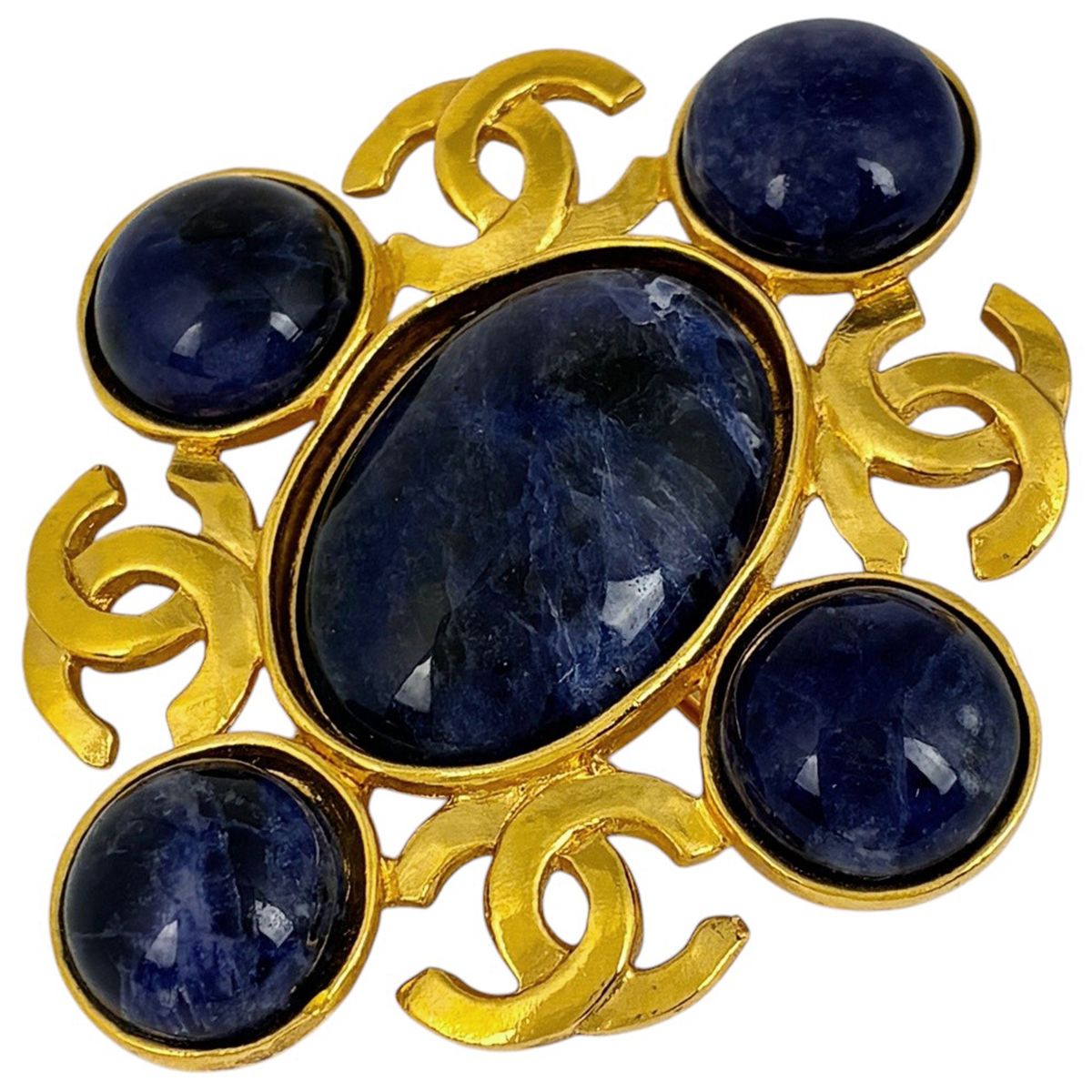 Chanel Brooch CC Logo Color Stone Gold Blue