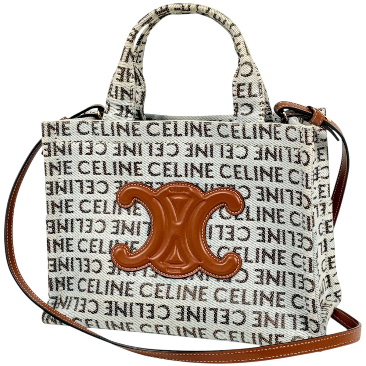 Celine Tote Small Cabas Thais 2-Way Triomphe Canvas White Brown