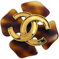 Chanel Brooch CC Logo Demi Pattern Plastic Gold Brown