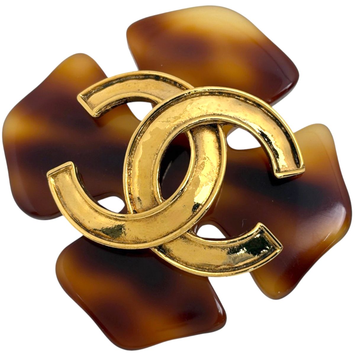 Chanel Brooch CC Logo Demi Pattern Plastic Gold Brown