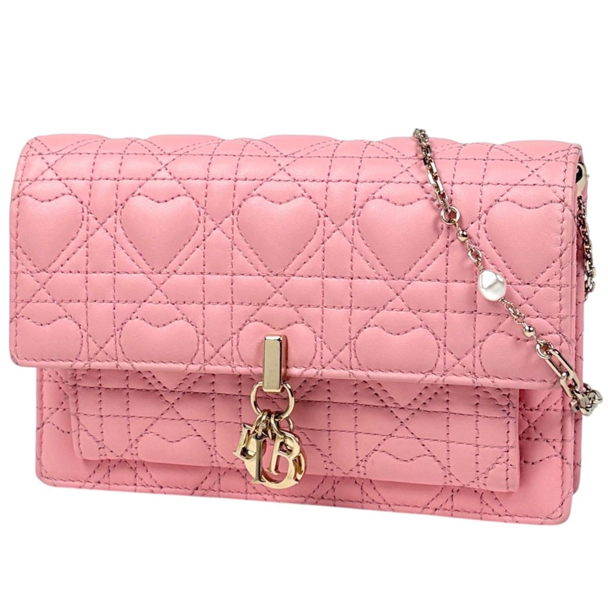 Dior My Daily Chain Wallet Heart Cannage Leather Pink Shoulder Bag