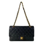 Chanel Shoulder Bag Double Flap Quilted Black Chain Gold
