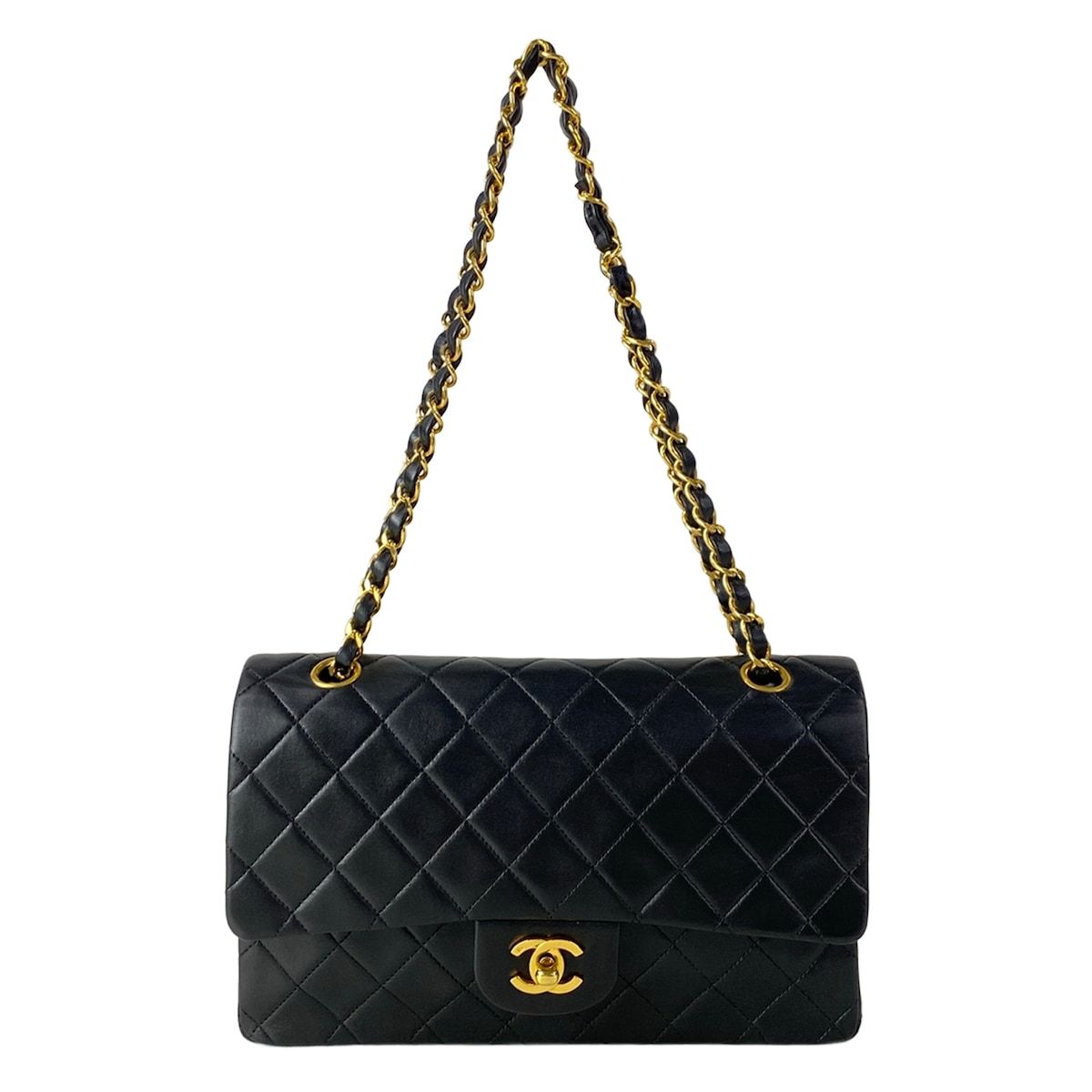 Chanel Shoulder Bag Double Flap Quilted Black Chain Gold