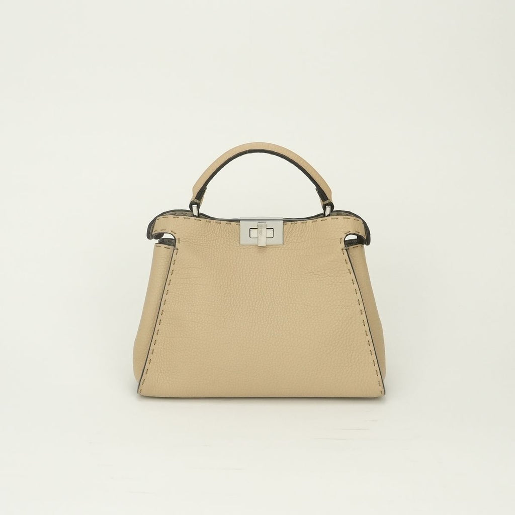 Fendi Peekaboo Essential Selleria Tote Shoulder Bag Leather Beige Silver 2-Way