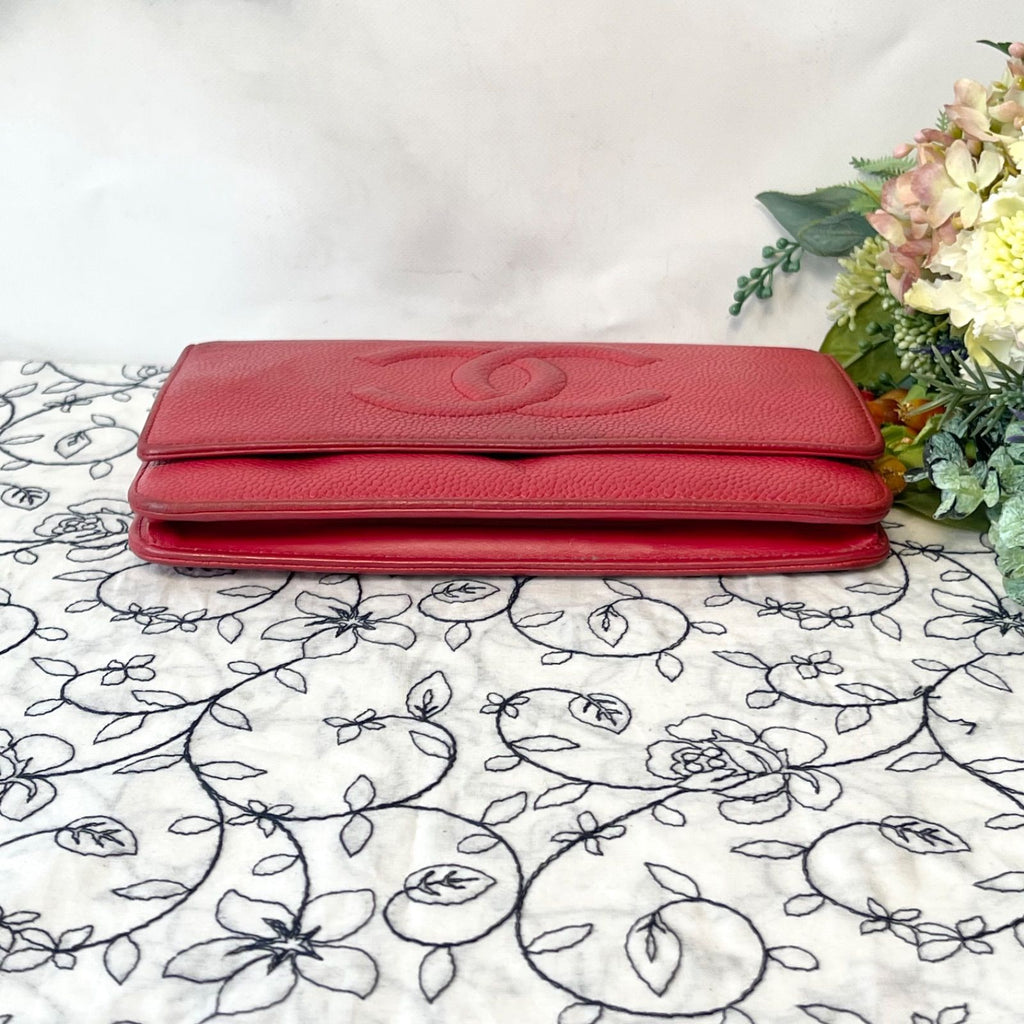Chanel Chain Wallet Jumbo CC Logo Caviar Leather Red Shoulder Bag — view 8