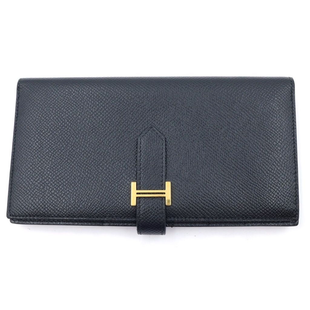 Hermes Bearn Soufflet Wallet Black Leather Epsom Gold