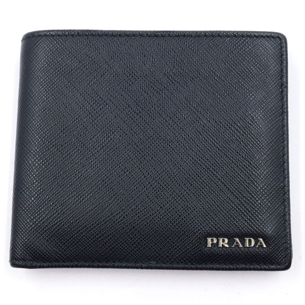 Prada Bifold Wallet Triangular Plate Leather Compact Black