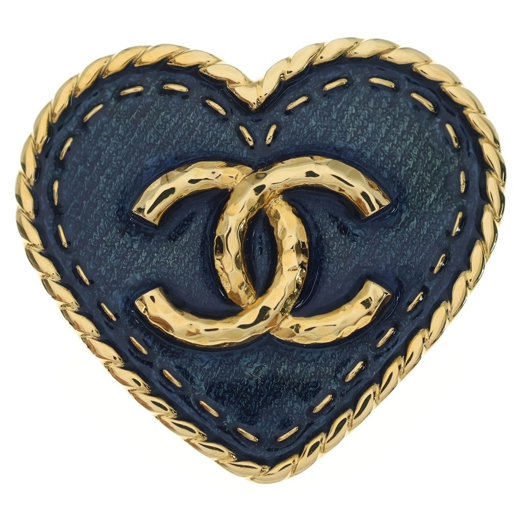 Chanel Heart Coco Denim Pin Badge Brooch Gold Blue