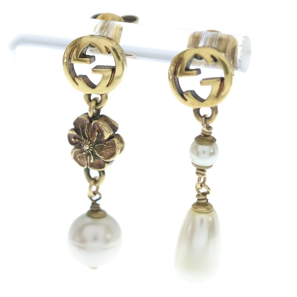 Gucci Interlocking G Flower Faux Pearl Drop Earrings Gold White
