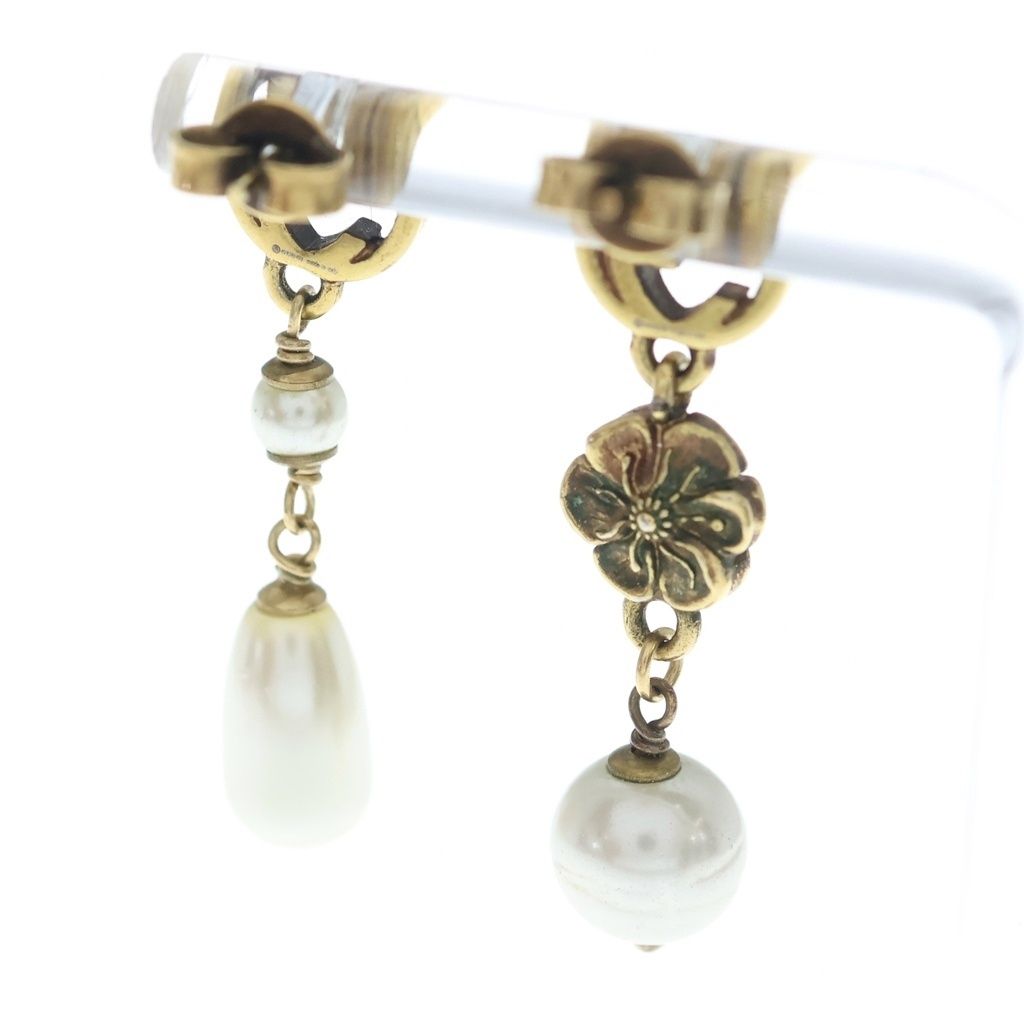 Gucci Interlocking G Flower Faux Pearl Drop Earrings Gold White — view 2