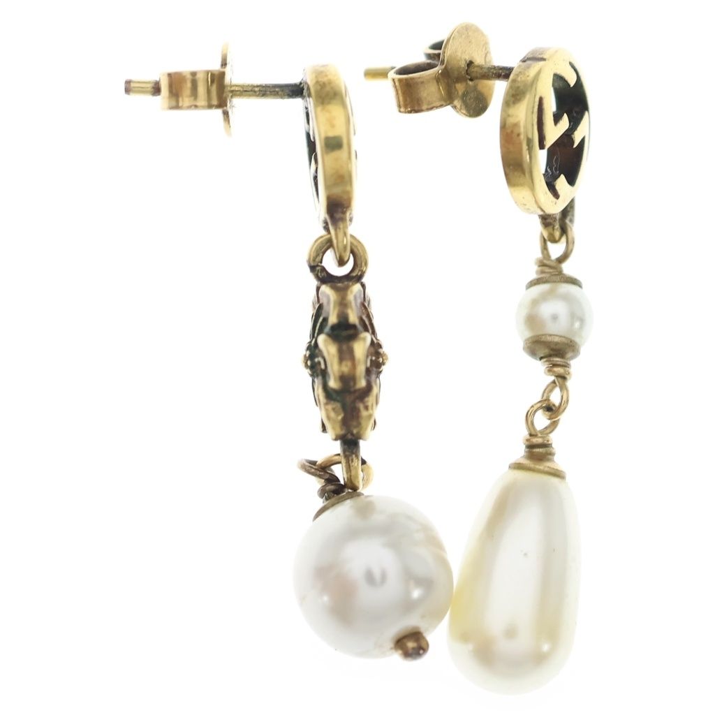Gucci Interlocking G Flower Faux Pearl Drop Earrings Gold White — view 4
