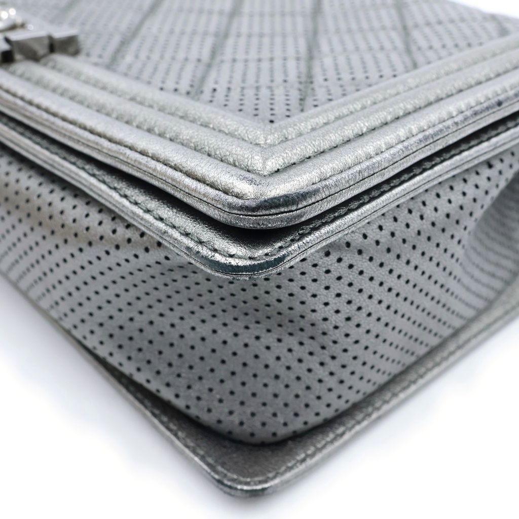Chanel Boy Chain Shoulder Bag Perforated Large Silver Lambskin and Card Included — view 5