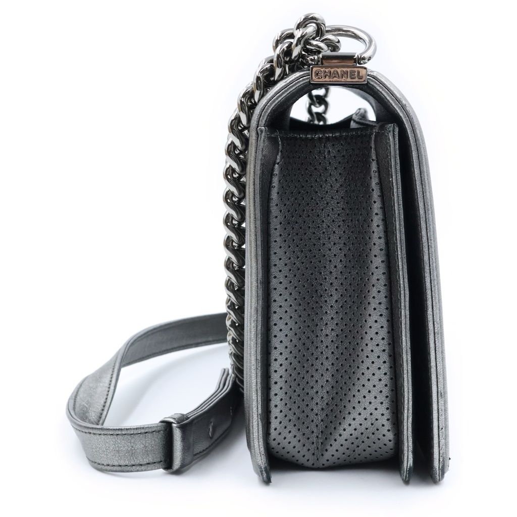 Chanel Boy Chain Shoulder Bag Perforated Large Silver Lambskin and Card Included — view 3