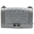 Chanel Boy Chain Shoulder Bag Perforated Large Silver Lambskin and Card Included