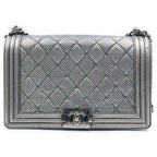 Chanel Boy Chain Shoulder Bag Perforated Large Silver Lambskin and Card Included