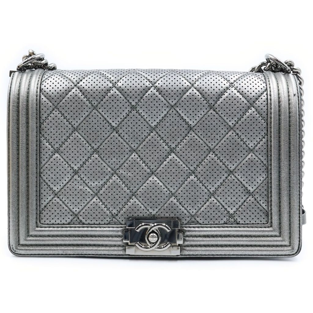 Chanel Boy Chain Shoulder Bag Perforated Large Silver Lambskin and Card Included