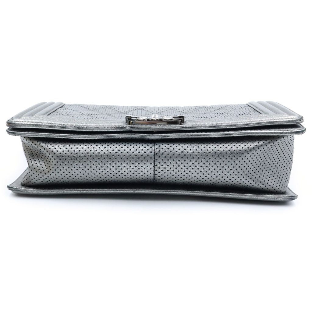 Chanel Boy Chain Shoulder Bag Perforated Large Silver Lambskin and Card Included — view 4