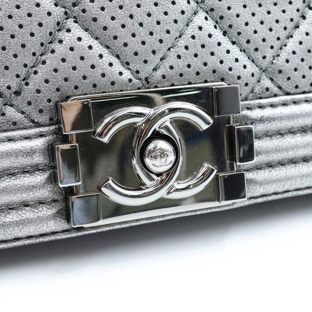 Chanel Boy Chain Shoulder Bag Perforated Large Silver Lambskin and Card Included — view 6