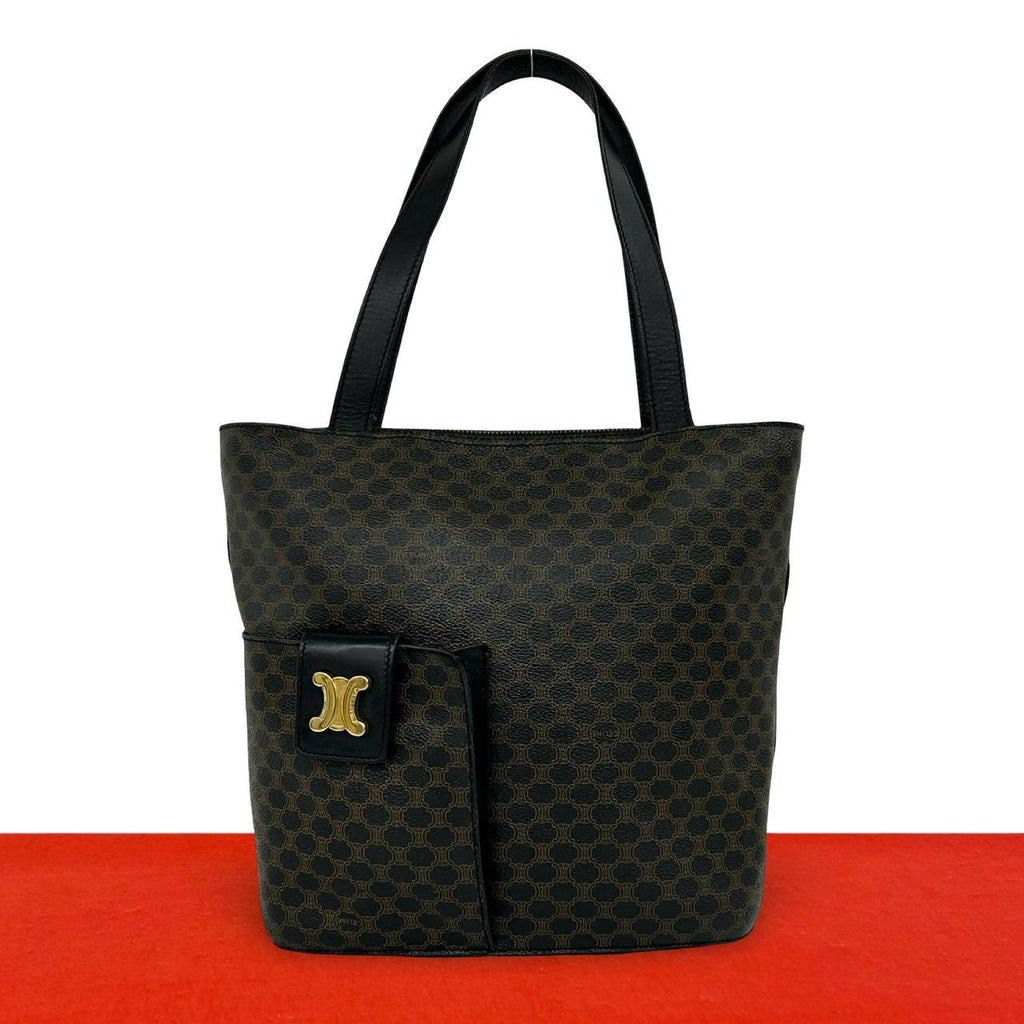 Celine Macadam Blason Triomphe Pattern Logo Leather Tote Shoulder Bag Brown