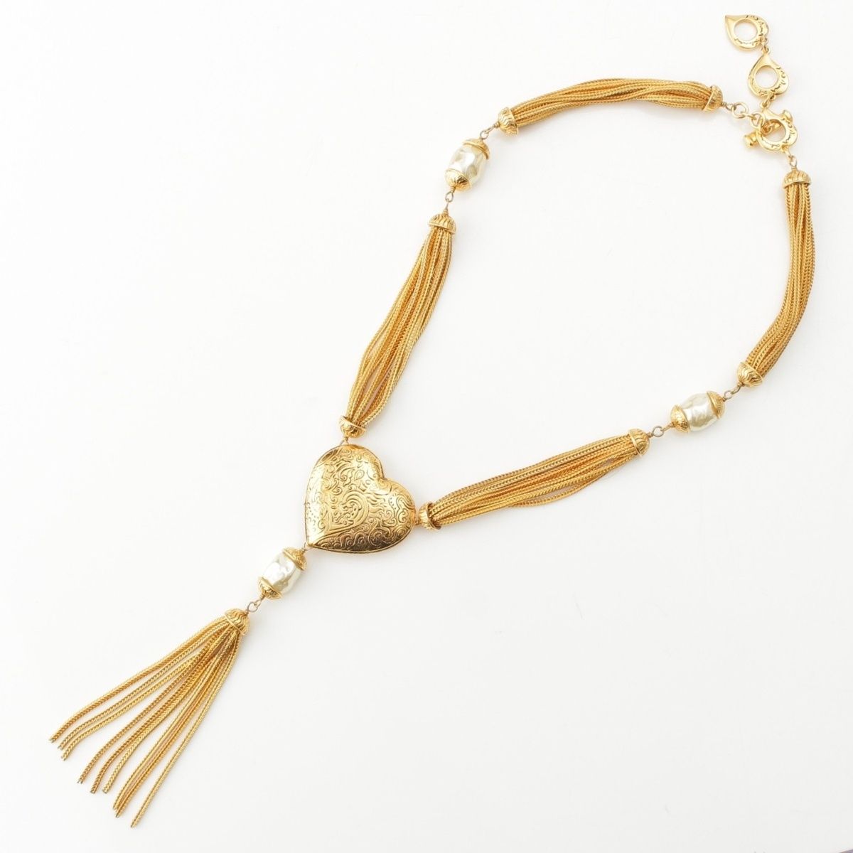 Saint Laurent Vintage Heart Fringe Pearl Necklace Gold — view 3