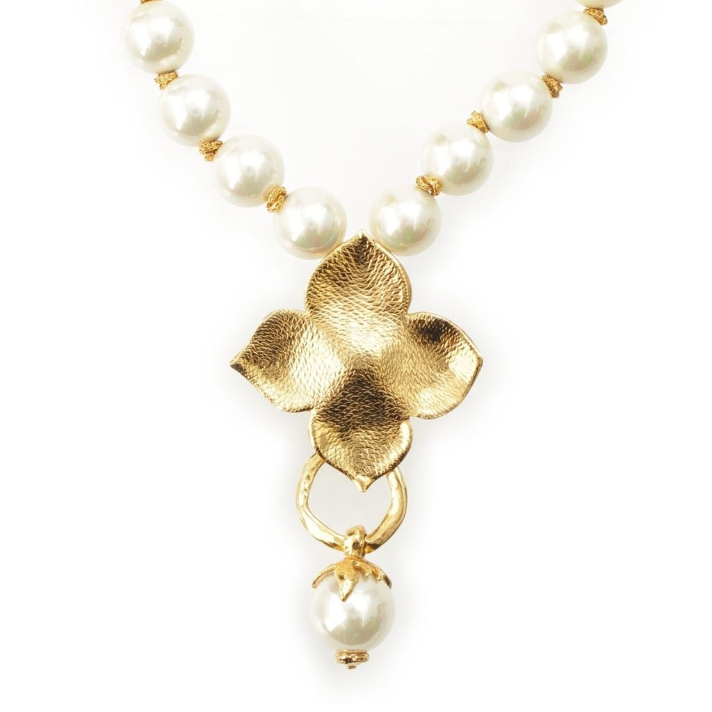 Saint Laurent Vintage Flower Pearl Necklace Gold