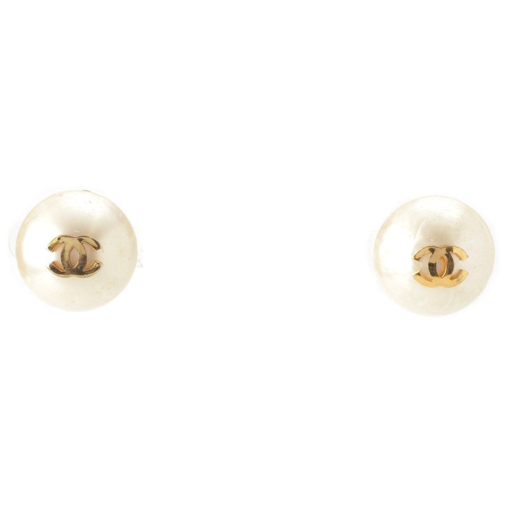 Chanel Vintage CC Logo Pearl Earrings White Gold