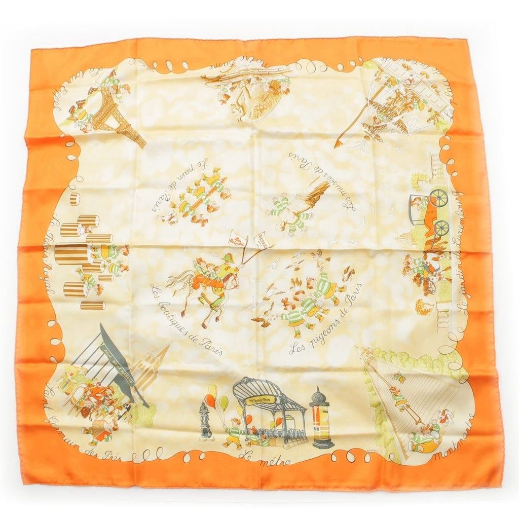 Hermes Carre 90 Silk les Triples de Paris Mischievous Triplets Scarf Orange
