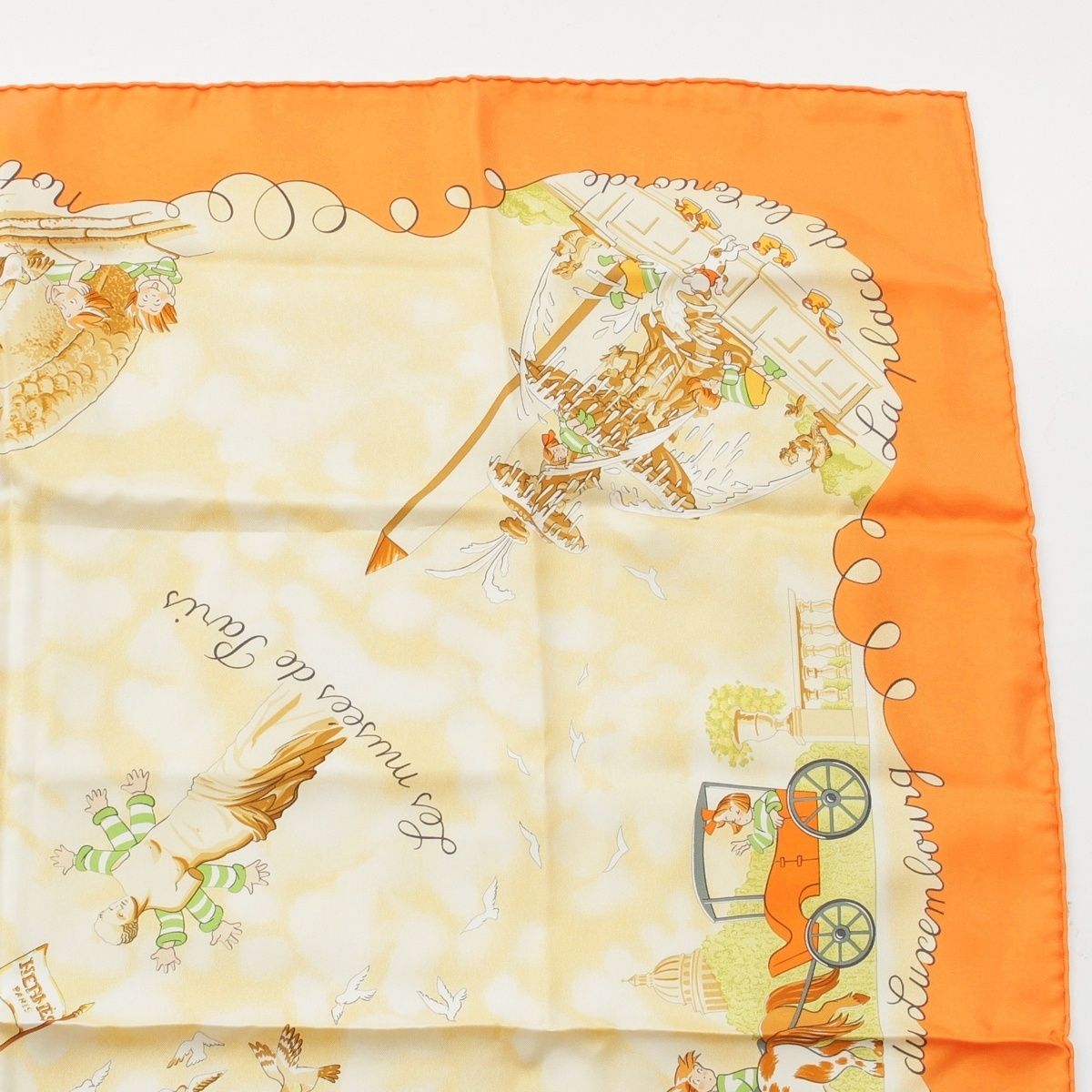 Hermes Carre 90 Silk les Triples de Paris Mischievous Triplets Scarf Orange — view 3