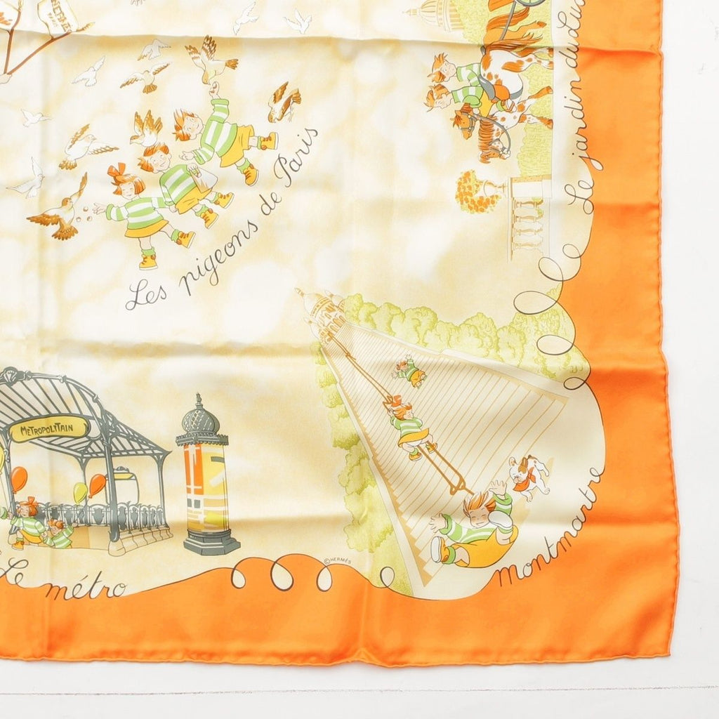 Hermes Carre 90 Silk les Triples de Paris Mischievous Triplets Scarf Orange — view 5