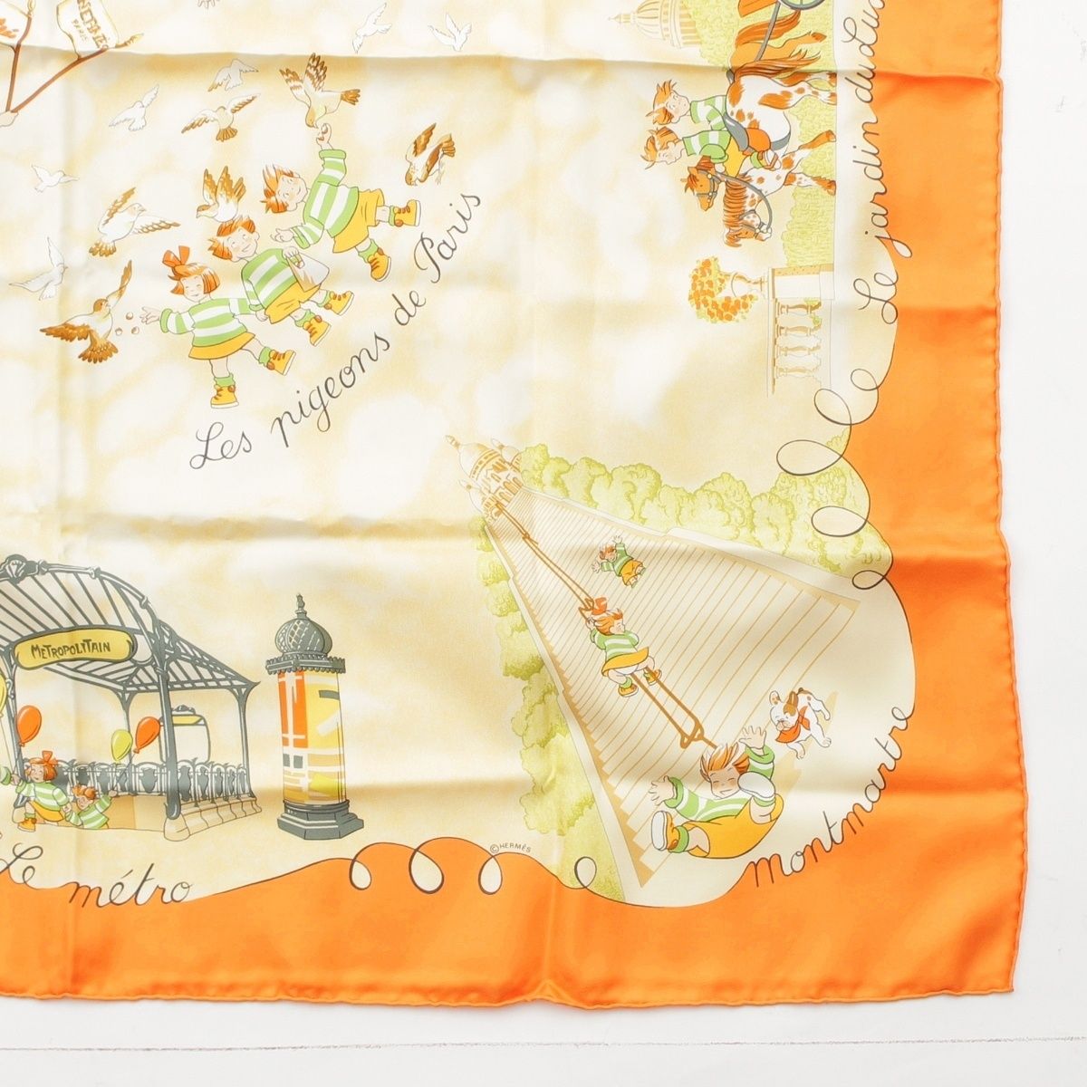 Hermes Carre 90 Silk les Triples de Paris Mischievous Triplets Scarf Orange — view 5