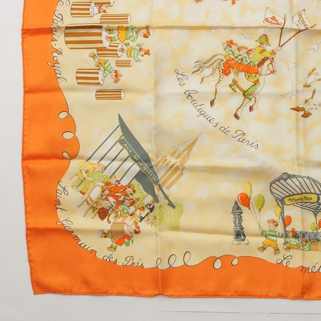 Hermes Carre 90 Silk les Triples de Paris Mischievous Triplets Scarf Orange — view 4