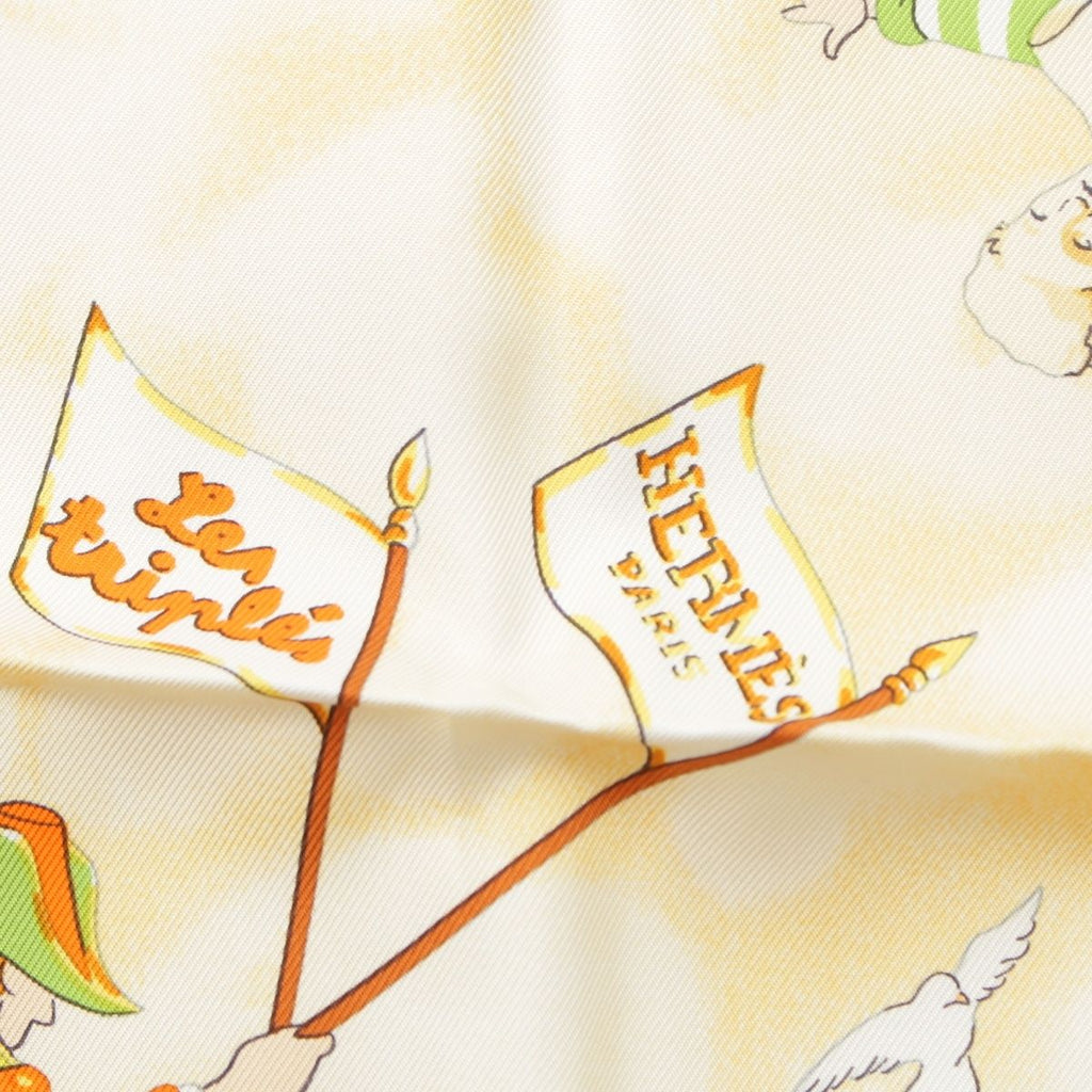 Hermes Carre 90 Silk les Triples de Paris Mischievous Triplets Scarf Orange — view 7
