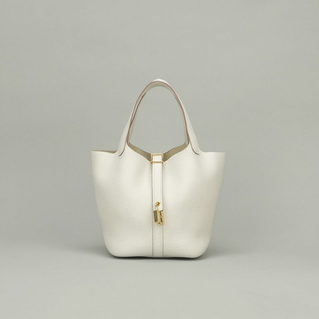 Hermes Picotin Lock PM 18 Tote Taurillon Clemence Gray Pale White Gold