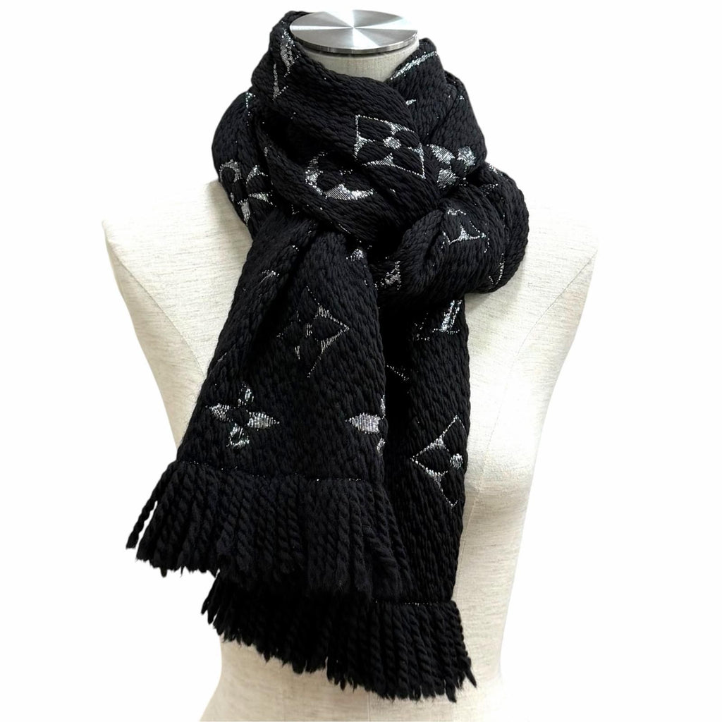 Louis Vuitton Logomania Scarf Shine Wool Silk Blend Black Silver — view 3