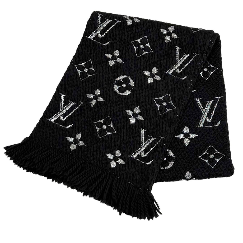 Louis Vuitton Logomania Scarf Shine Wool Silk Blend Black Silver