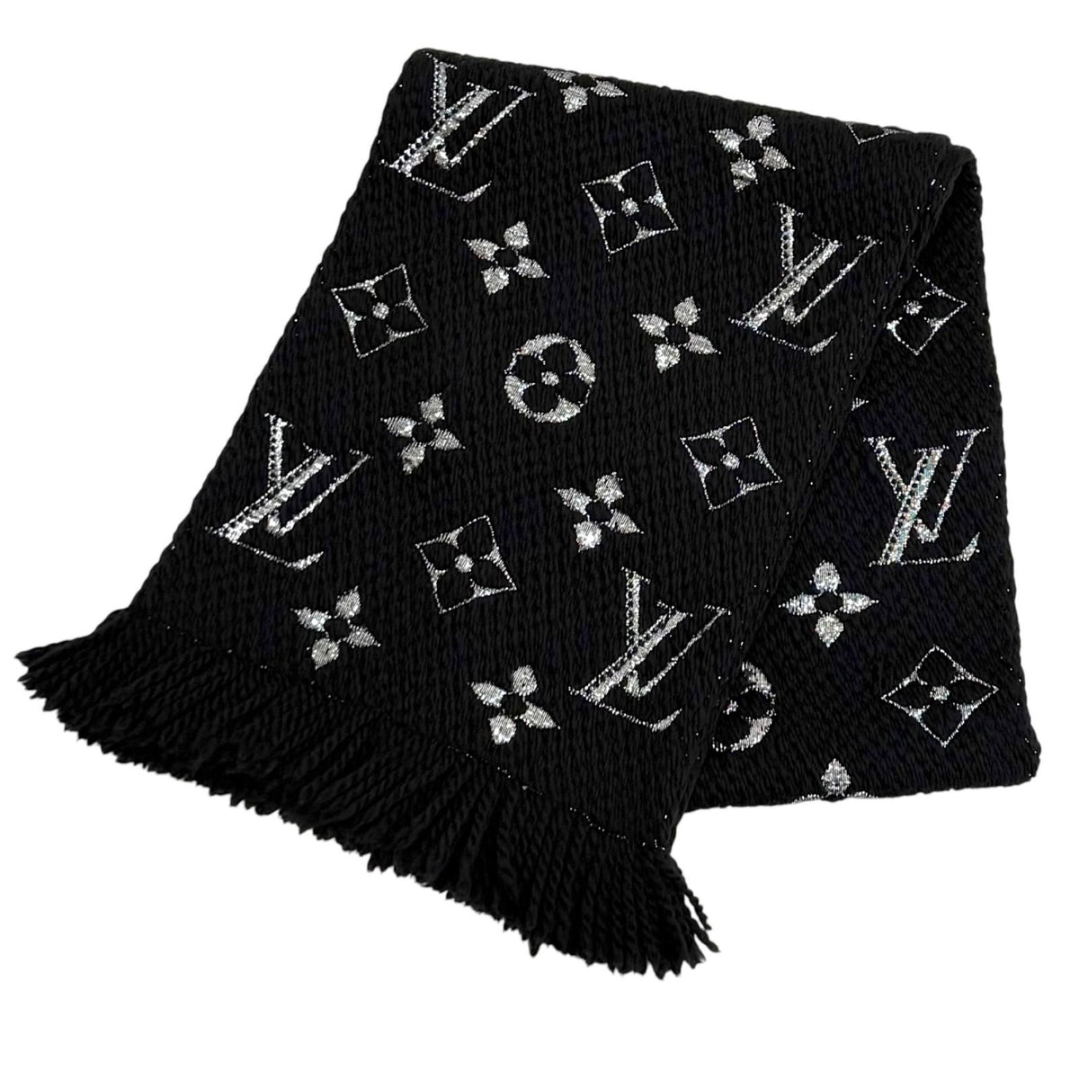 Louis Vuitton Logomania Scarf Shine Wool Silk Blend Black Silver