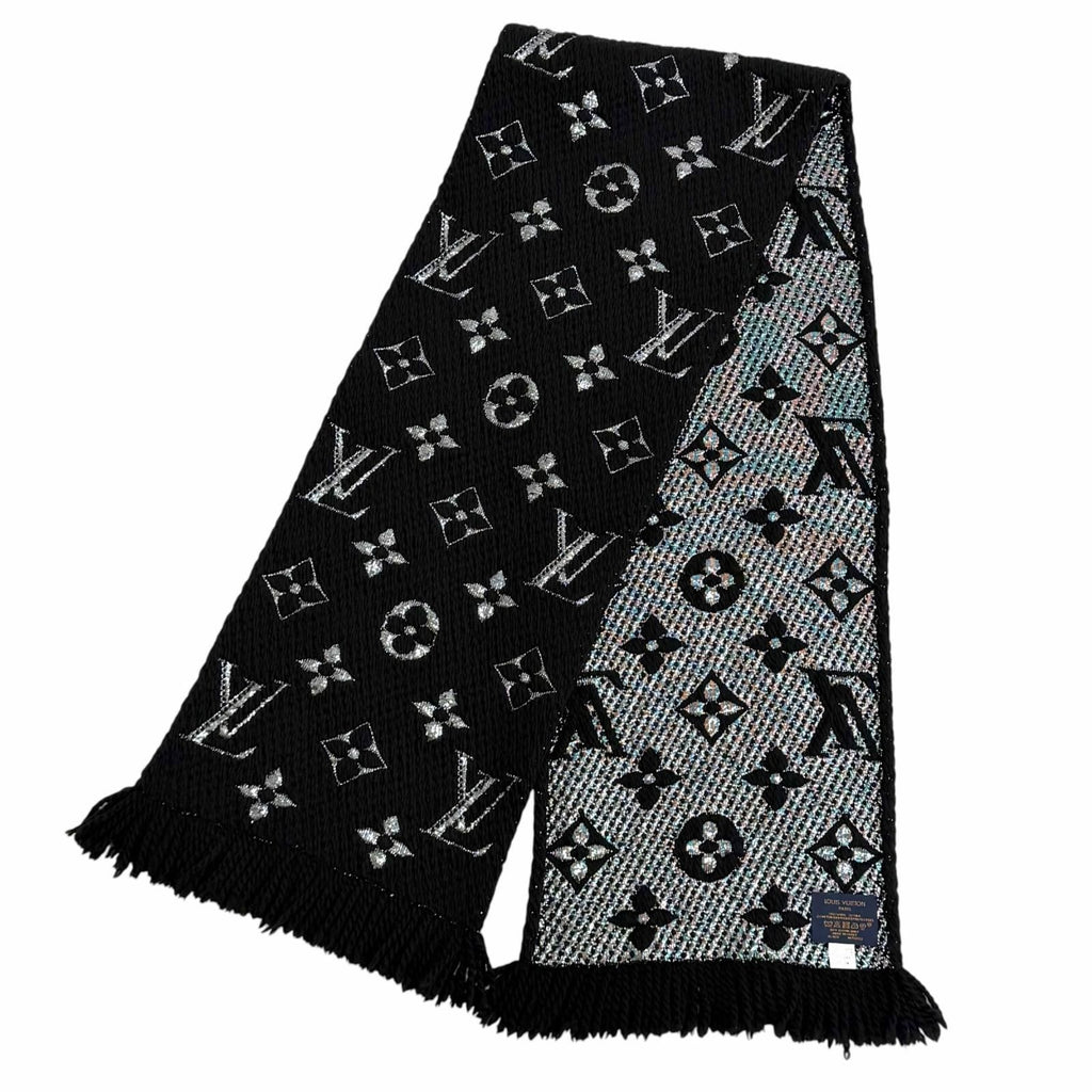 Louis Vuitton Logomania Scarf Shine Wool Silk Blend Black Silver — view 4