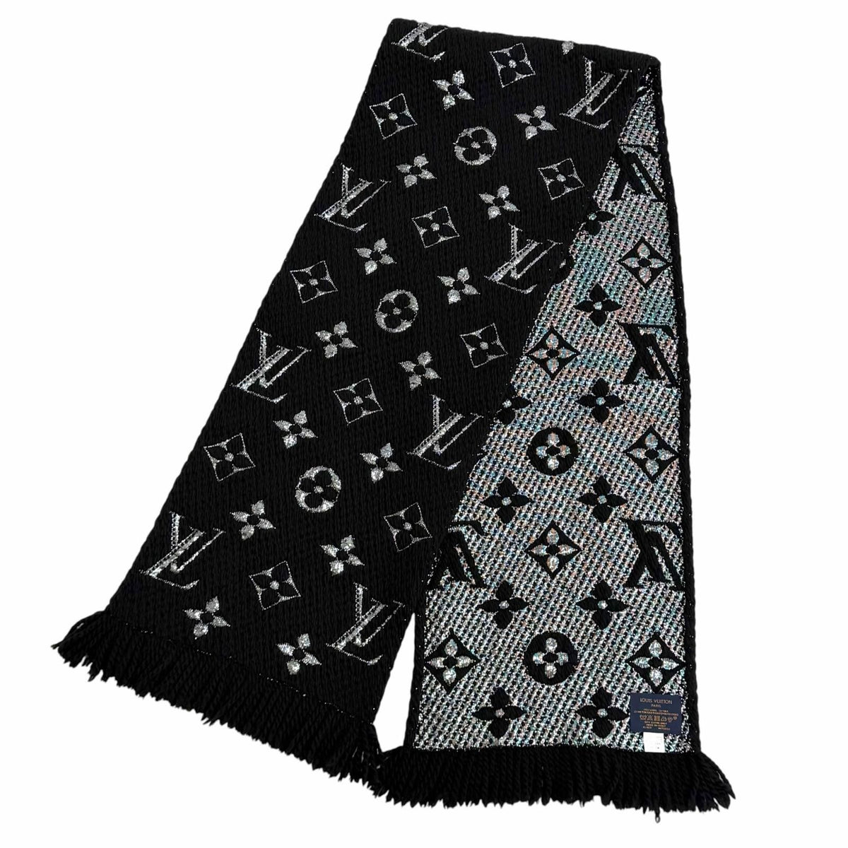 Louis Vuitton Logomania Scarf Shine Wool Silk Blend Black Silver — view 4
