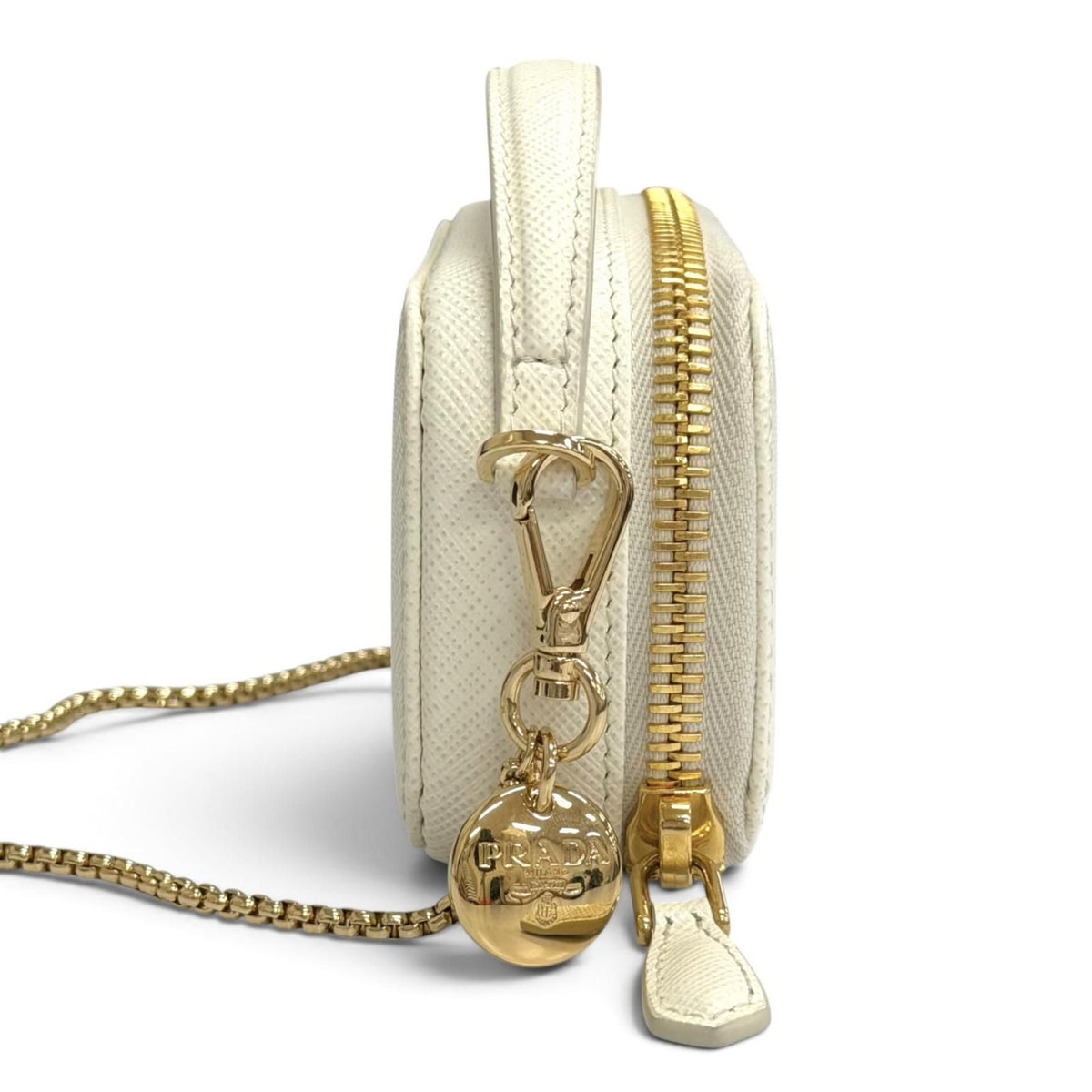 Prada Triangle Logo Saffiano Leather Chain Shoulder Mini Pouch White Gold — view 5