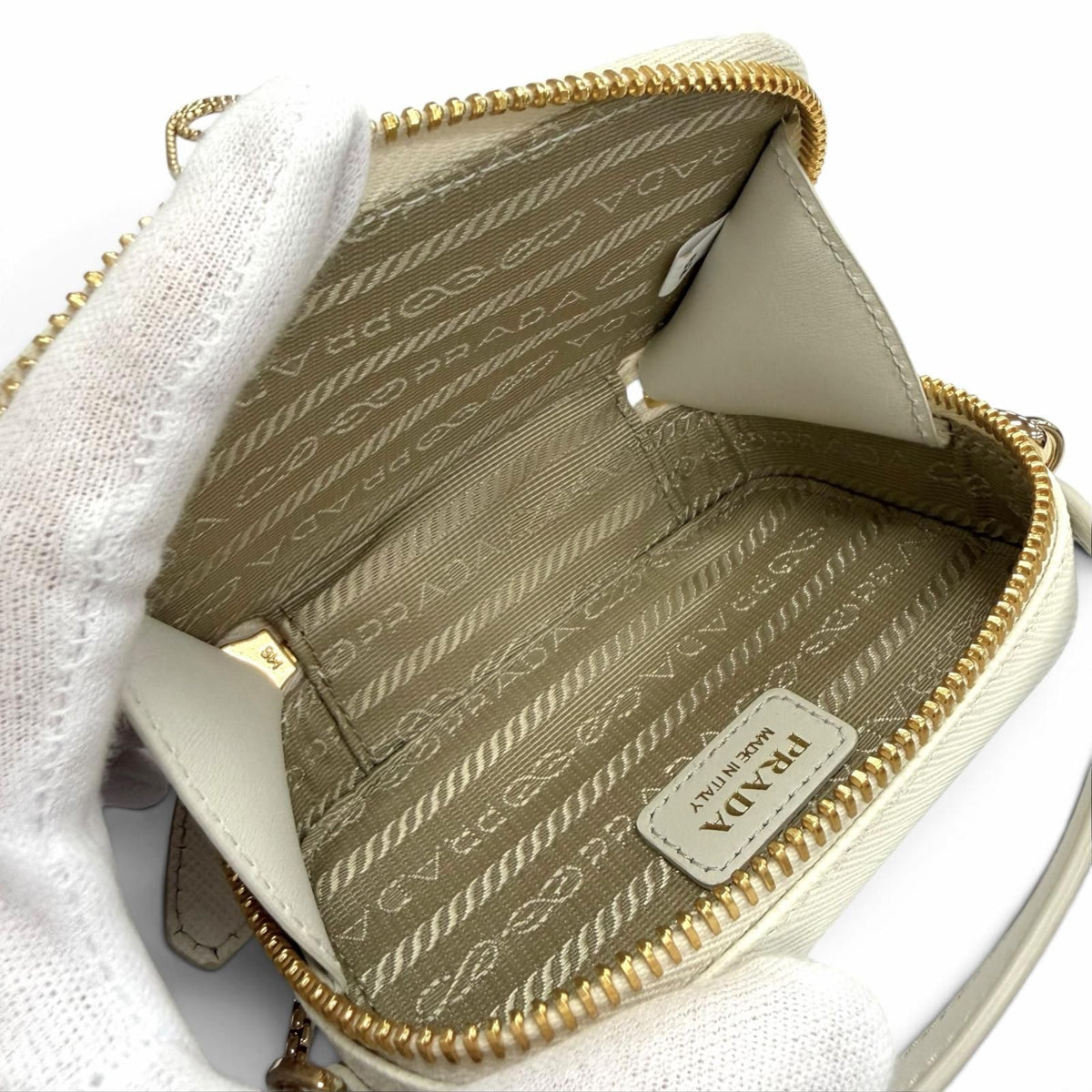 Prada Triangle Logo Saffiano Leather Chain Shoulder Mini Pouch White Gold — view 7