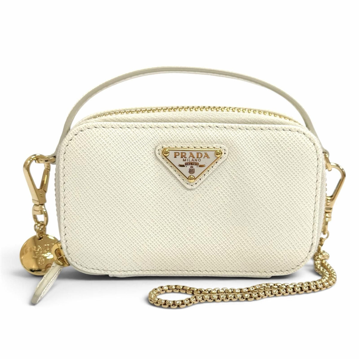 Prada Triangle Logo Saffiano Leather Chain Shoulder Mini Pouch White Gold
