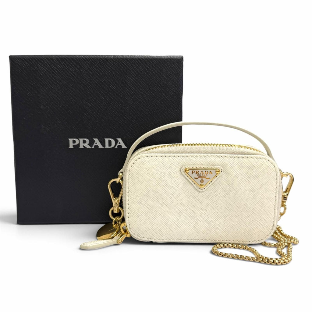 Prada Triangle Logo Saffiano Leather Chain Shoulder Mini Pouch White Gold — view 2