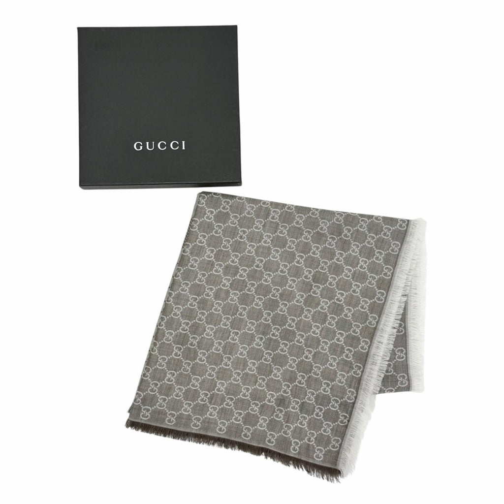 Gucci Wool Silk GG Pattern Fringe Large Shawl Brown Scarf — view 2
